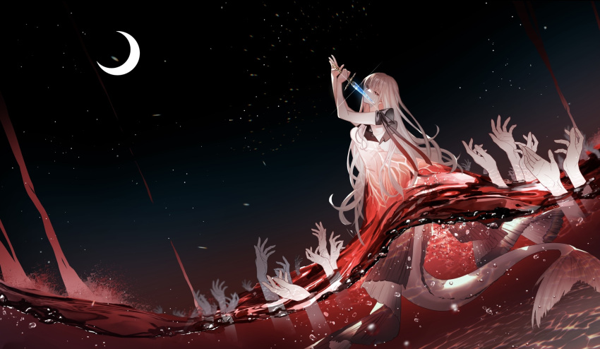 1girl aono_99 arms_up bangs bubble crescent_moon crying crystal_sword disembodied_limb dress highres holding holding_sword holding_weapon in_water long_hair mermaid monster_girl moon night night_sky ocean original partially_submerged reaching red_eyes ribbon short_sleeves sky solo star_(sky) starry_sky sword tears very_long_hair weapon white_hair