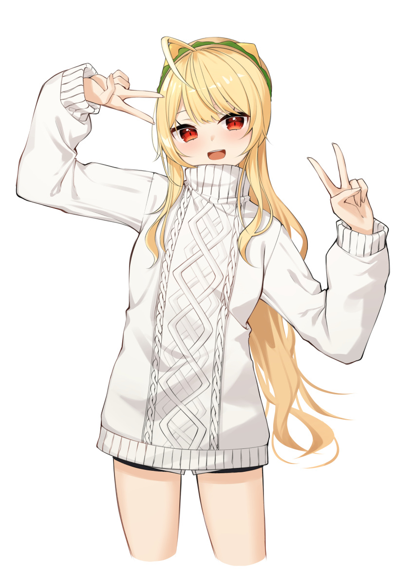 1girl :d absurdres ahoge aran_sweater black_shorts blonde_hair cropped_legs double_v dress hamburger_hat hands_up hat highres jingburger long_hair long_sleeves looking_at_viewer open_mouth red_eyes ribbed_sweater shorts simple_background smile solo sweater sweater_dress thighs v very_long_hair virtual_youtuber waktaverse white_background white_sweater ziro_(zirorong)