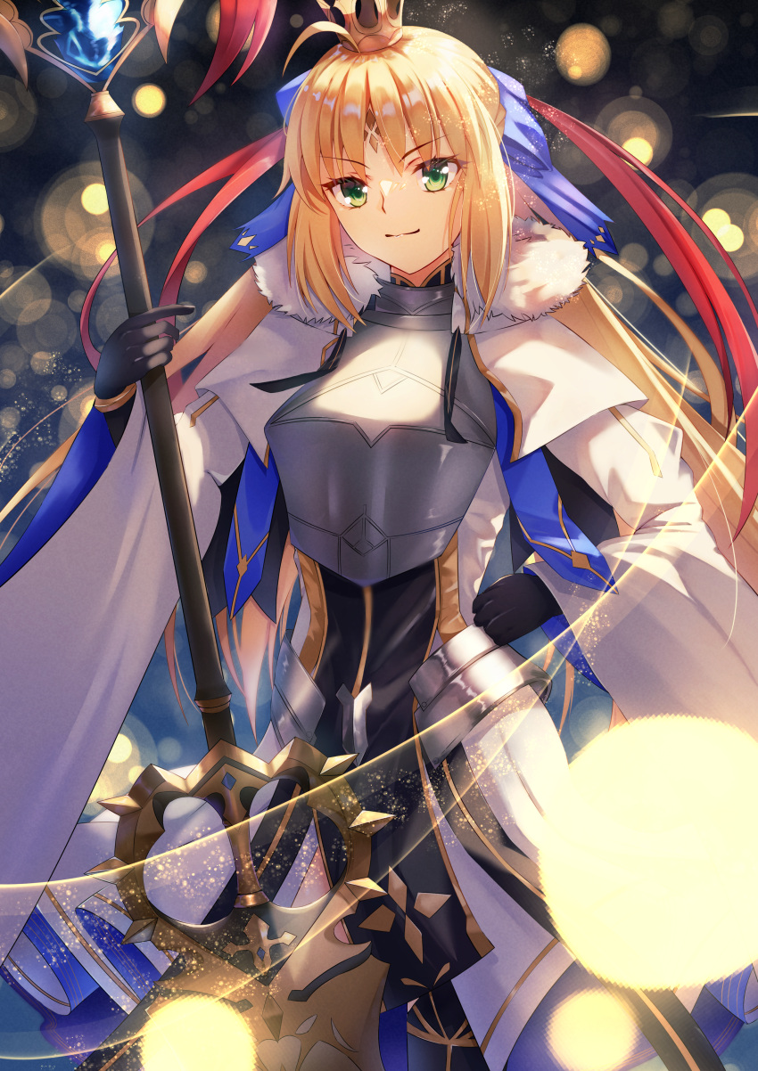 1girl 2girls absurdres armor armored_dress artoria_caster_(fate) artoria_caster_(third_ascension)_(fate) artoria_pendragon_(fate) bangs blonde_hair blue_bow blue_ribbon bow bracelet breasts closed_mouth dress fate/grand_order fate_(series) gold_trim green_eyes hair_between_eyes hair_bow hair_ornament highres holding jewelry long_hair long_sleeves looking_at_viewer multiple_girls one_heart1201 red_ribbon rhombus ribbon shiny smile solo standing upper_body very_long_hair white_dress