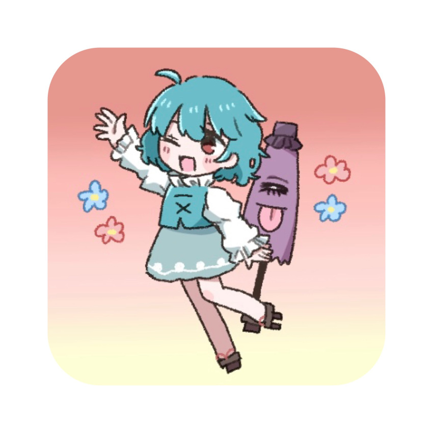 1girl ;d ahoge arm_up blue_hair blue_skirt blue_vest blush brown_shoes commentary flower full_body geta gradient_background highres karakasa_obake long_sleeves one_eye_closed open_mouth red_eyes salt_(saltty) shirt shoes short_hair skirt smile solo tatara_kogasa touhou umbrella vest white_shirt