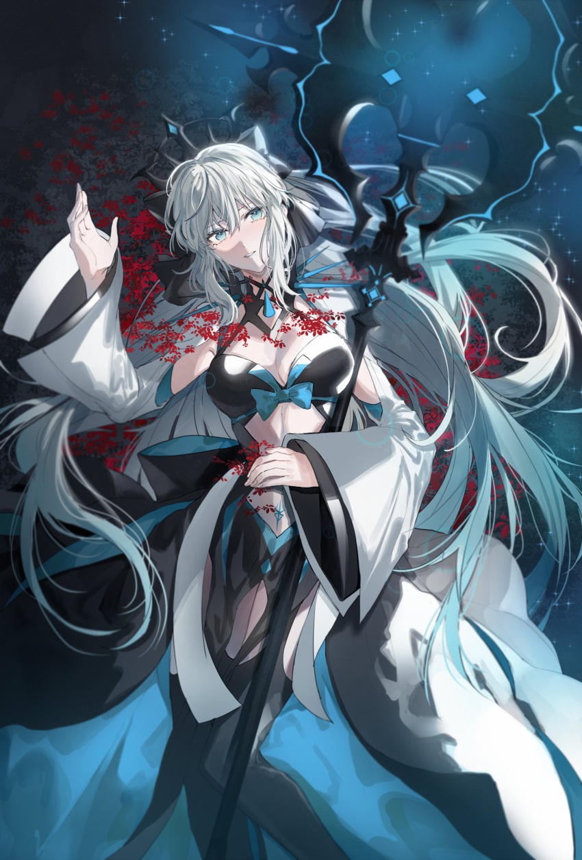 1girl absurdres bangs black_crown black_dress blue_bow blue_eyes blue_gemstone blush bow breasts choker cleavage collarbone crown dress fate/grand_order fate_(series) flower gem grey_hair hair_between_eyes hair_ornament hand_up highres holding large_breasts legs legs_together long_hair long_sleeves looking_at_viewer morgan_le_fay_(fate) navel open_clothes open_mouth petals red_flower shadow simple_background smile solo tattoo teeth very_long_hair yurumawari