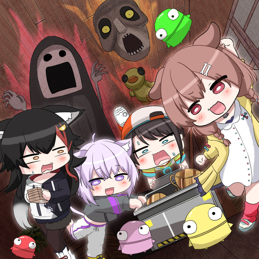 4girls adversarial_noise animal_ear_fluff animal_ears backwards_hat black_hair black_hoodie blue_eyes blush bone_hair_ornament brown_hair cat_ears cat_girl cat_tail commentary_request dog_ears dog_girl dress hair_ornament hairpin hat highres hiro_(phese) hololive hood hoodie inugami_korone inugami_korone_(1st_costume) jacket multicolored_hair multiple_girls nekomata_okayu nekomata_okayu_(1st_costume) ookami_mio ookami_mio_(hoodie) oozora_subaru oozora_subaru_(1st_costume) open_mouth purple_hair r.e.p.o. red_hat red_streaks semibot smok_(hololive) streaked_hair tail two-tone_hoodie violet_eyes virtual_youtuber white_dress white_hoodie wolf_ears wolf_girl yellow_jacket