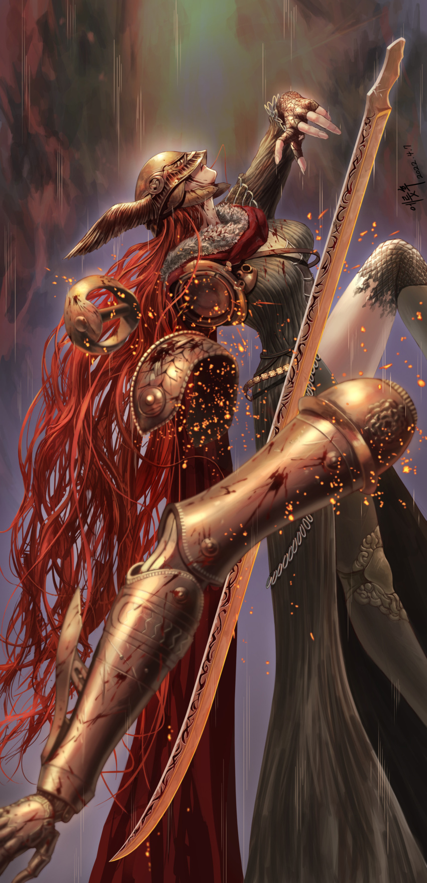 1girl absurdres armor breasts cape closed_mouth covered_eyes disarming dress elden_ring eruthu helmet highres holding holding_sword holding_weapon long_hair malenia_blade_of_miquella mechanical_arms prosthesis prosthetic_arm prosthetic_leg red_cape redhead simple_background single_mechanical_arm solo sword very_long_hair weapon winged_helmet