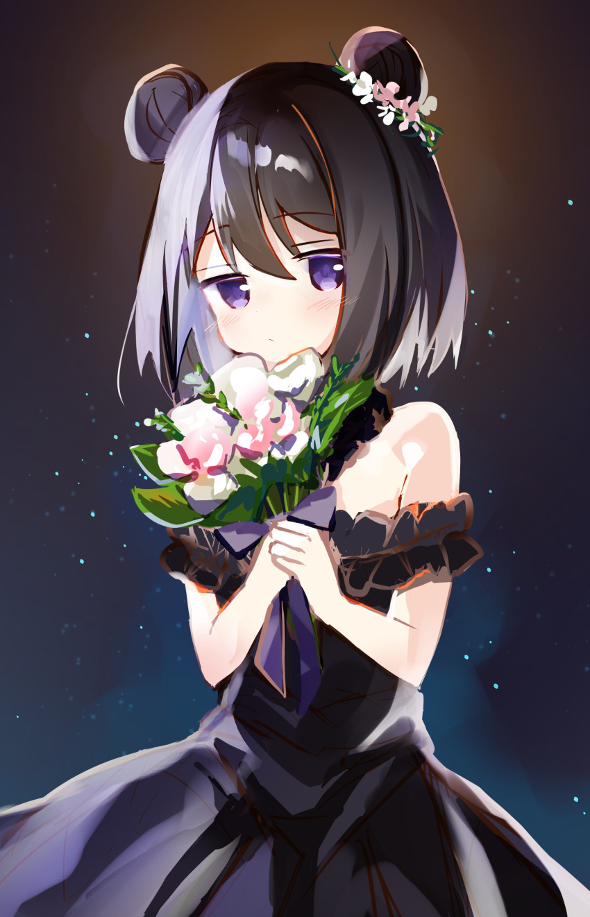 1girl absurdres alternate_costume bangs bare_shoulders black_background black_dress black_hair blue_background blush bouquet bow cowboy_shot double_bun dress expressionless flower frilled_dress frills gradient gradient_background hair_between_eyes hair_bun hair_flower hair_ornament highres holding holding_bouquet honwaka_shinshi jitome kuroe_(magia_record) looking_at_viewer magia_record:_mahou_shoujo_madoka_magica_gaiden mahou_shoujo_madoka_magica off-shoulder_dress off_shoulder pink_flower purple_bow purple_ribbon ribbon short_hair simple_background solo sparkle violet_eyes