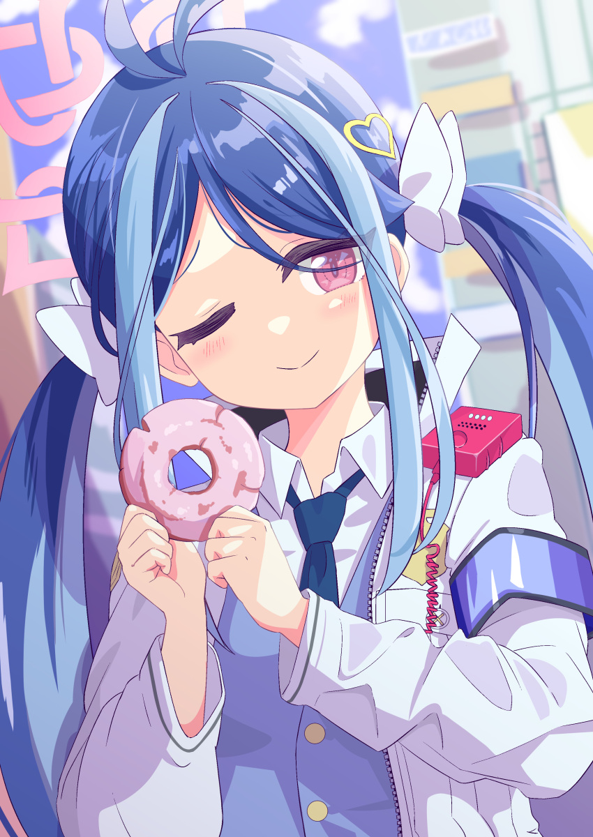 1girl ;) absurdres antenna_hair armband bangs bea8do88 blue_archive blurry bow coat collared_shirt commentary_request depth_of_field doughnut food fubuki_(blue_archive) hair_between_eyes hair_bow hair_ornament hair_ribbon heart heart_hair_ornament highres holding holding_food long_hair long_sleeves looking_at_viewer multicolored_hair necktie one_eye_closed police police_uniform policewoman ribbon shirt sidelocks smile solo streaked_hair twintails two-tone_hair uniform walkie-talkie white_coat
