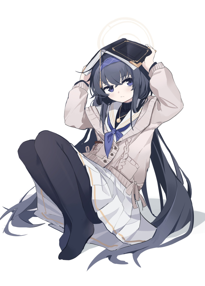 1girl absurdres bangs black_eyes black_hair black_legwear blue_archive book closed_mouth coria hairband highres holding holding_book long_hair long_sleeves looking_to_the_side pleated_skirt purple_hairband shirt simple_background skirt solo ui_(blue_archive) white_background white_shirt white_skirt