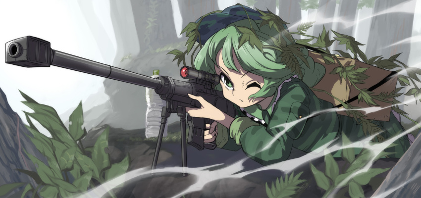 1girl backpack bag bottle camouflage commentary_request curly_hair day dress flat_cap green_dress green_hair green_headwear gun hat highres leaf medium_hair one_eye_closed outdoors rifle shope short_hair skirt skirt_set sniper_rifle solo touhou weapon weapon_request yamashiro_takane