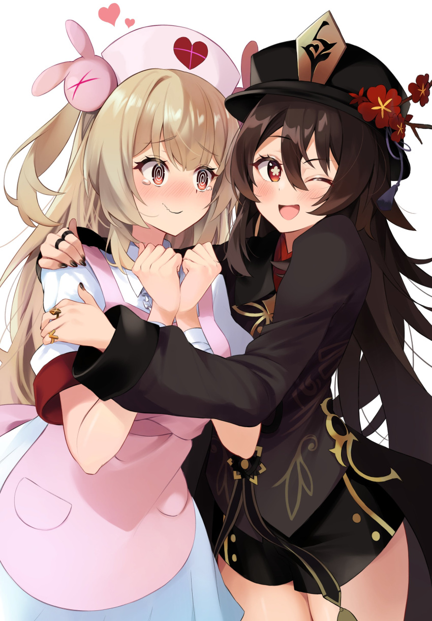 2girls absurdres black_nails black_shorts blonde_hair blush brown_hair chinese_clothes coat dark_fuu flower flower-shaped_pupils genshin_impact hair_between_eyes hat hat_ornament heart highres hu_tao_(genshin_impact) jewelry long_hair long_sleeves looking_at_viewer multiple_girls multiple_rings nail_polish natori_sana one_eye_closed open_mouth plum_blossoms porkpie_hat red_eyes red_shirt ring sana_channel shirt shorts symbol-shaped_pupils white_background