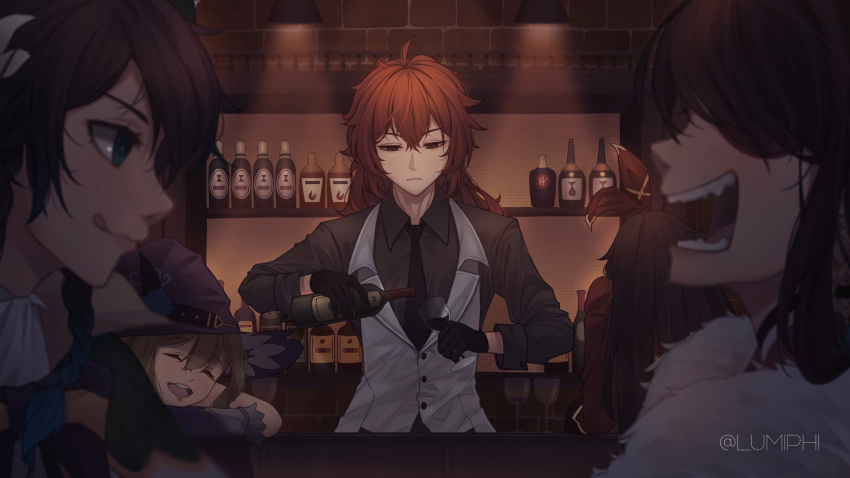 2boys 3girls :q absurdres ahoge alcohol amber_(genshin_impact) aqua_eyes arms_on_table bangs bar bartender beidou_(genshin_impact) black_gloves black_hair black_necktie black_shirt blue_hair blurry blurry_foreground blush bottle braid brick_wall brown_hair buttons closed_eyes collared_shirt colored_tips commentary counter crossed_bangs cup diluc_(genshin_impact) drinking_glass drooling drunk english_commentary flower from_behind from_side fur_trim genshin_impact gloves hair_between_eyes hair_ribbon hand_up hanging_light hat hat_flower highres holding holding_bottle holding_cup indoors jacket laughing licking_lips lisa_(genshin_impact) long_hair looking_at_another looking_down lumiphi multicolored_hair multiple_boys multiple_girls necktie open_mouth purple_gloves purple_headwear red_eyes red_jacket red_ribbon redhead ribbon shelf shirt side_braid single_braid sleeves_past_elbows teeth tongue tongue_out twitter_username two-tone_gloves two-tone_hair upper_body upper_teeth venti_(genshin_impact) vest wall whiskey white_gloves white_vest wine wine_bottle wine_glass wing_collar witch_hat