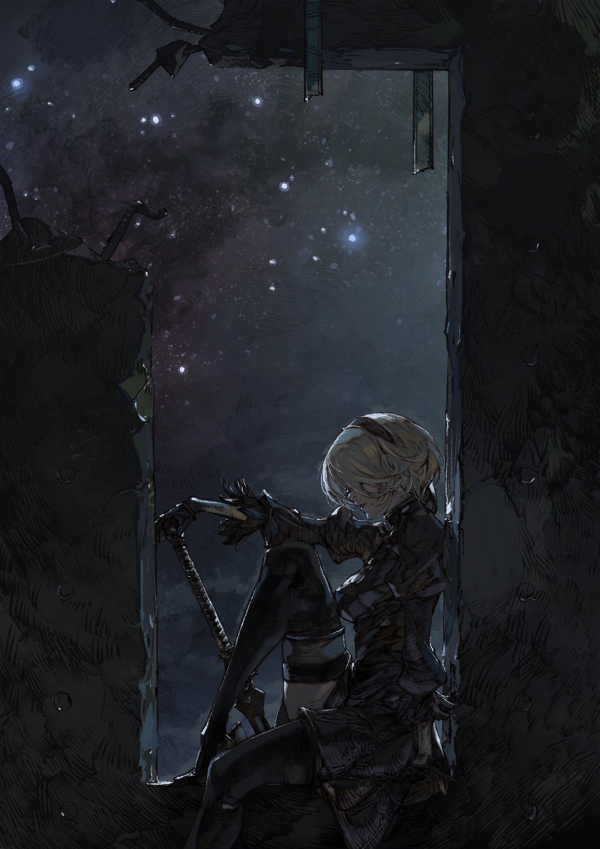 1girl black_dress black_hairband blindfold boots dress feather-trimmed_sleeves hairband highres juliet_sleeves kazama_raita long_sleeves mole nier_(series) nier_automata night night_sky puffy_sleeves short_hair sky solo star_(sky) starry_sky sword thigh-highs thigh_boots thighhighs_under_boots weapon white_hair windowsill yorha_no._2_type_b