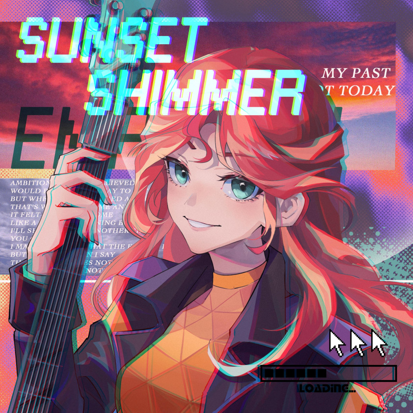 1girl alice_xjy character_name chromatic_aberration clouds english_text hair_between_eyes highres holding holding_instrument instrument jacket long_hair looking_at_viewer multicolored_hair my_little_pony my_little_pony_equestria_girls redhead sidelocks sky smile solo sunset sunset_shimmer teeth