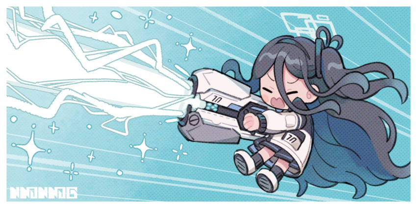 1girl absurdly_long_hair arisu_(blue_archive) beam blue_archive blue_background chibi closed_eyes dark_blue_hair hair_between_eyes halo highres jacket koru_koruno long_hair open_mouth railgun recoil solo very_long_hair white_jacket