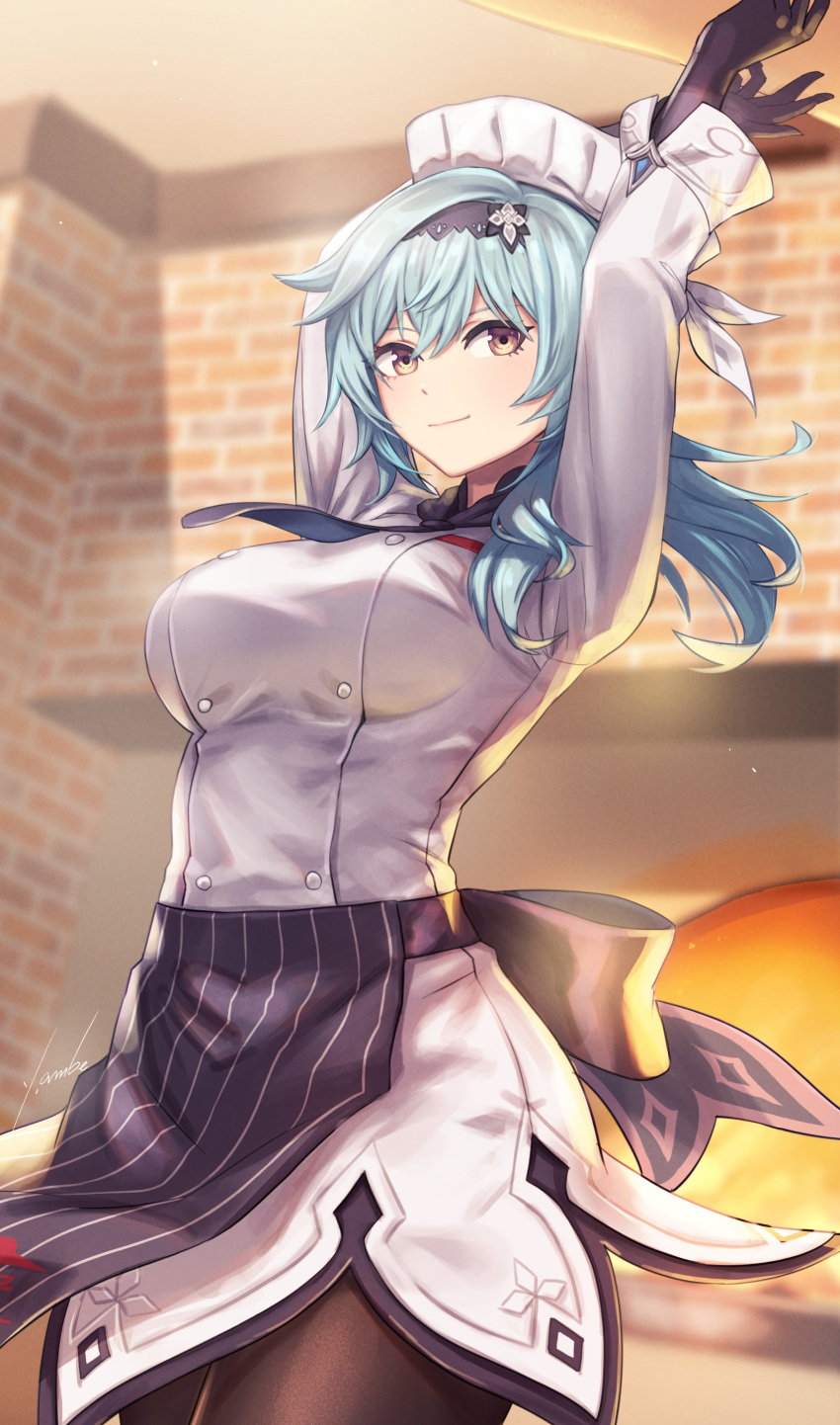 1girl absurdres anbe_yoshirou apron arms_up bangs black_apron black_gloves black_hairband black_legwear blue_necktie blurry blurry_background breasts closed_mouth dress eula_(genshin_impact) genshin_impact gloves hairband highres indoors large_breasts light_blue_hair long_sleeves looking_at_viewer medium_hair necktie pantyhose smile solo standing white_dress yellow_eyes
