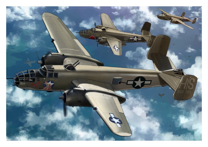 aircraft airplane b-25_mitchell blue_sky bomber bomber_jacket clouds cloudy_sky day fairy_(kancolle) gun highres jacket kantai_collection machine_gun military military_vehicle outdoors pilot pilot_helmet pilot_uniform sky timmyyen united_states_air_force weapon world_war_ii