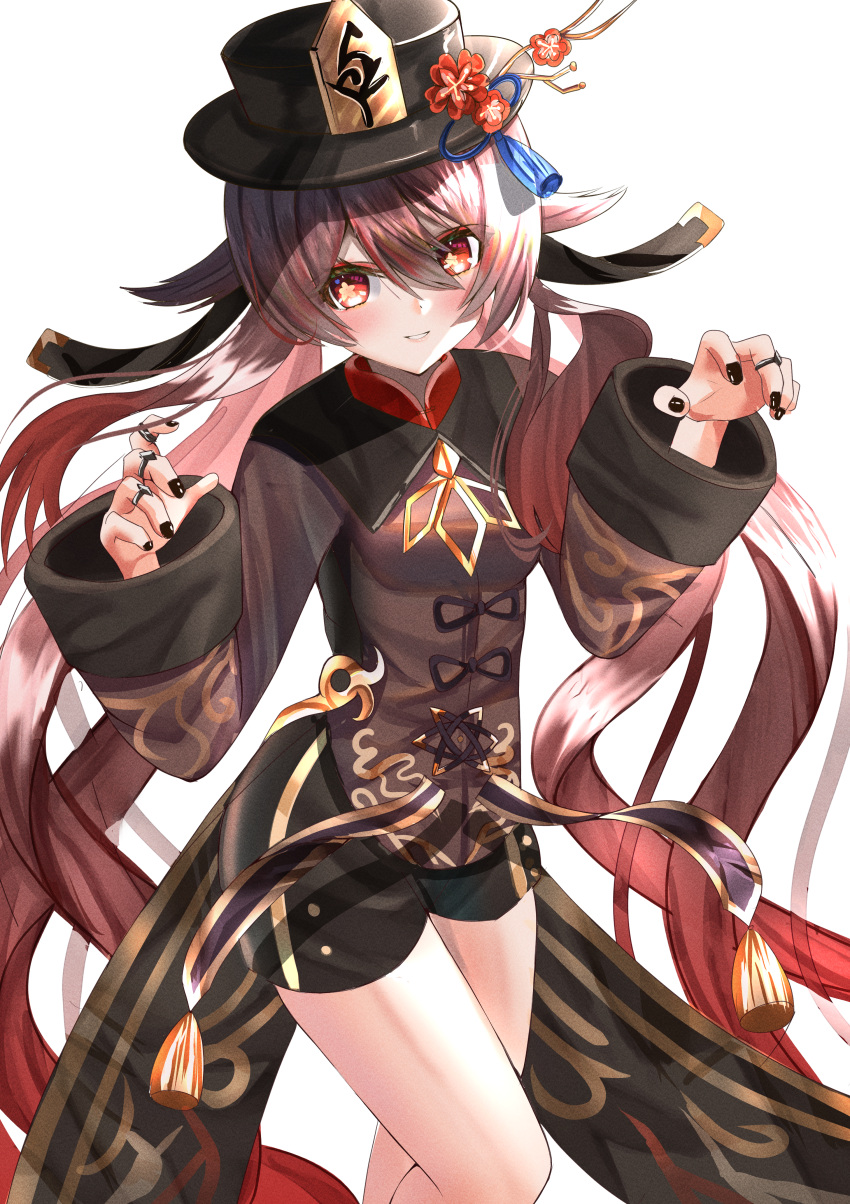 1girl absurdres black_nails black_shorts blush brown_hair chinese_clothes coat coattails flower-shaped_pupils genshin_impact gradient_hair hat highres hu_tao_(genshin_impact) jewelry long_hair long_sleeves looking_at_viewer mitsu336 multicolored_hair porkpie_hat red_eyes red_shirt ring shirt shorts symbol-shaped_pupils