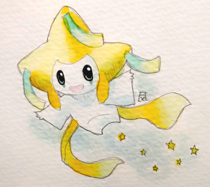 :d commentary_request floating fluefluekoubo26 grey_eyes highres jirachi looking_at_viewer no_humans open_mouth painting_(medium) pokemon pokemon_(creature) sash simple_background smile star_(symbol) tanabata traditional_media watercolor_(medium) white_background