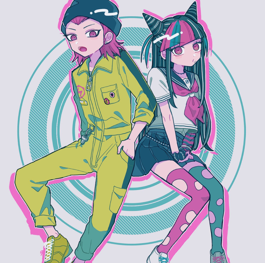 1girl :o asymmetrical_legwear bangs black_hair black_scrunchie blue_hair braid danganronpa_(series) danganronpa_2:_goodbye_despair green_background green_hair grey_background hair_horns highres long_hair long_sleeves medium_hair mioda_ibuki mismatched_legwear mouth_piercing multicolored_hair open_mouth own_hands_together pants piercing pink_eyes pink_hair pisapipi pouty_lips school_uniform scrunchie serafuku souda_kazuichi striped striped_background teeth thigh-highs torn_clothes torn_legwear upper_teeth white_hair wrist_scrunchie