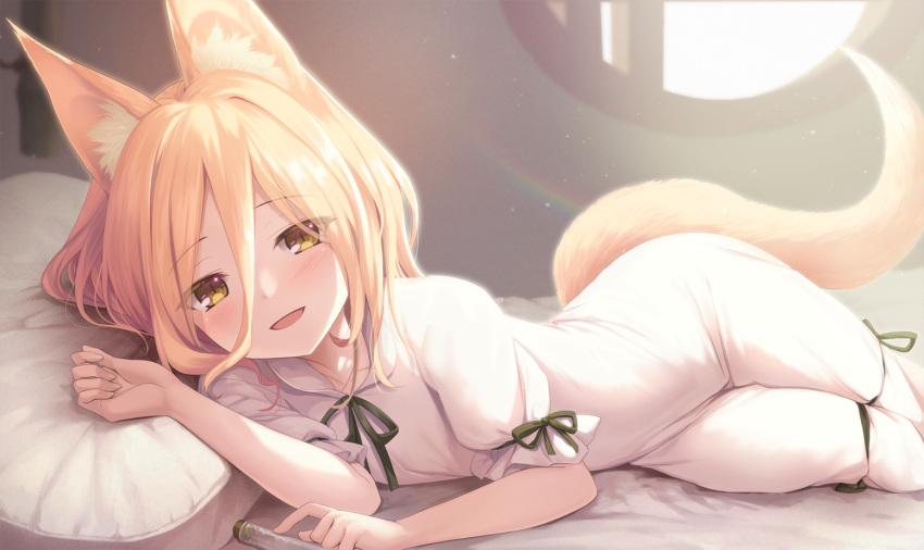 1girl animal_ears bed_sheet blonde_hair blush fox_ears fox_tail green_ribbon kudamaki_tsukasa lying nnyara on_side open_mouth pillow ribbon romper short_hair short_sleeves smile solo tail test_tube touhou white_romper yellow_eyes