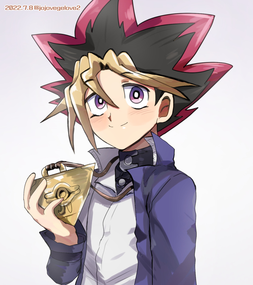 1boy bangs black_hair blonde_hair blush commentary dated grey_background highres ing'yeo_soyeo male_focus millennium_puzzle multicolored_hair mutou_yuugi redhead short_hair smile solo spiky_hair takahashi_kazuki_(person) twitter_username upper_body yu-gi-oh! yu-gi-oh!_duel_monsters