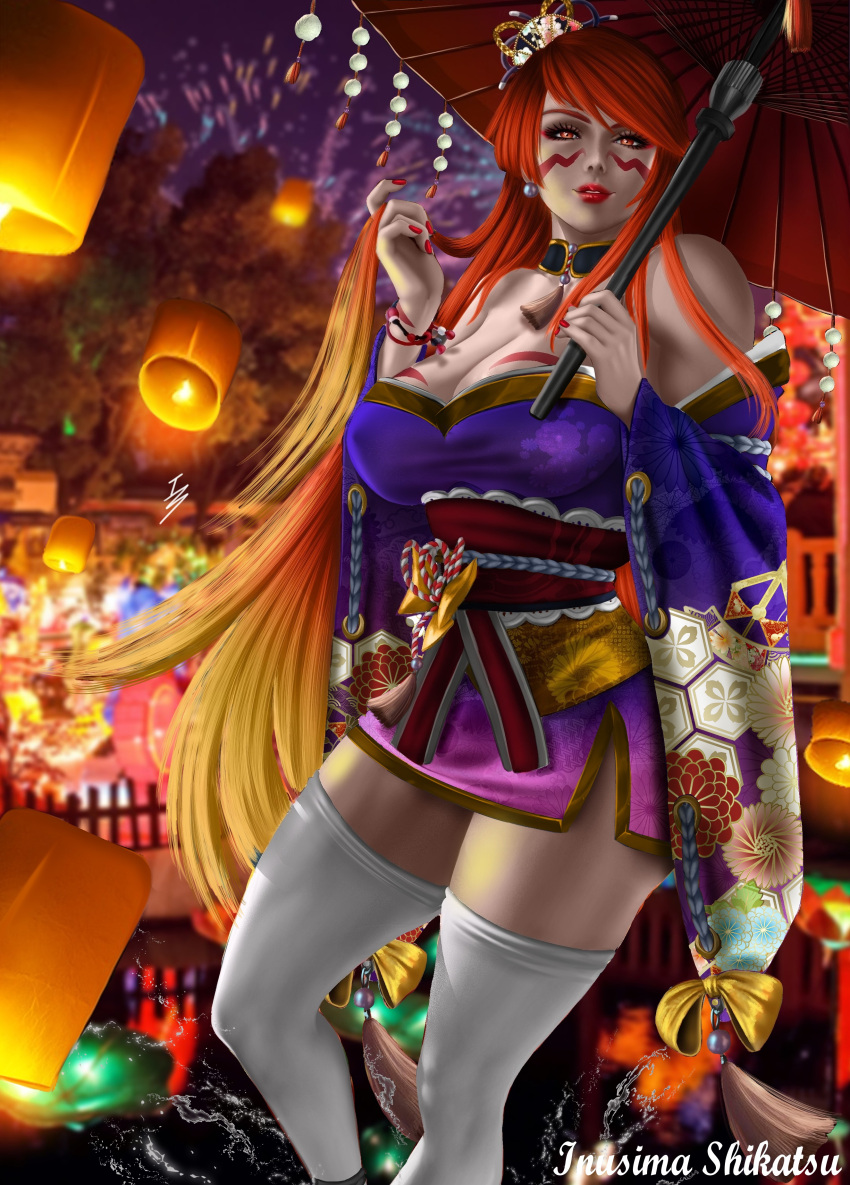 1girl abs absurdres bangs biceps body_markings breasts fuuma_kotarou_(tenkaichi) gradient_hair halterneck highres japanese_clothes kimono large_breasts long_hair looking_at_viewer multicolored_hair muscular muscular_female muscular_male red_eyes redhead revealing_clothes short_kimono smile solo tenkaichi_nihon_saikyou_bugeisha_ketteisen thigh-highs umbrella under_boob yellowking