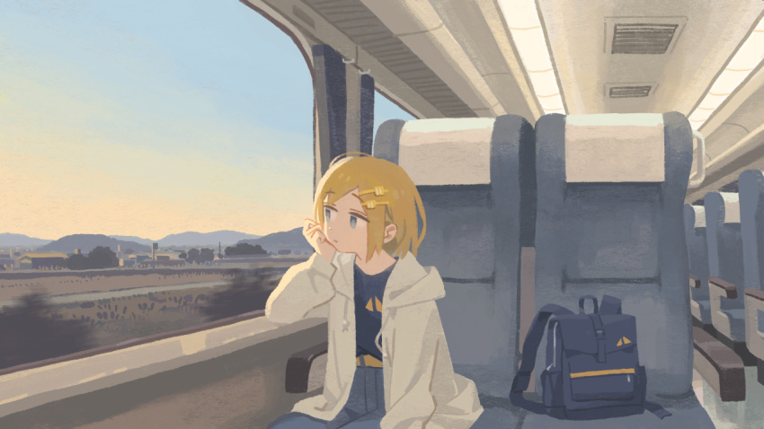 1girl backpack backpack_removed bag blonde_hair blue_eyes blue_shirt bush closed_mouth commentary_request denim evening ground_vehicle hair_ornament hairclip hood hooded_jacket jacket jeans long_sleeves mountainous_horizon muji_(uimss) original pants shirt short_hair sitting solo train train_interior white_jacket