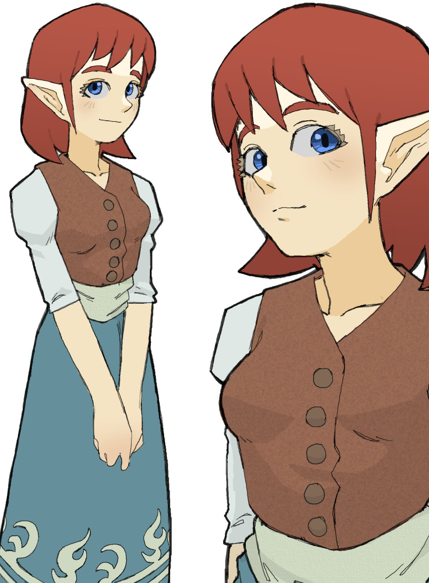 1girl anju blue_eyes blue_skirt brown_vest collarbone eyelashes highres looking_at_viewer medium_hair own_hands_together pantsu-ripper pointy_ears redhead simple_background skirt smile solo the_legend_of_zelda the_legend_of_zelda:_ocarina_of_time vest