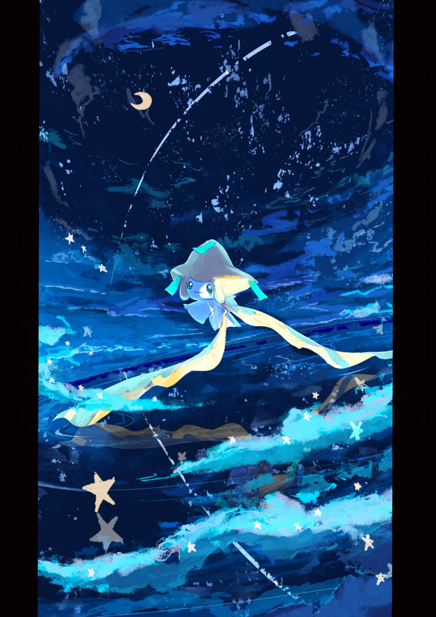 closed_mouth commentary_request crescent_moon full_body green_eyes highres jirachi looking_at_viewer looking_back moon night night_sky no_humans outdoors pillarboxed pokemon pokemon_(creature) sky smile solo tanabata uka_ari4