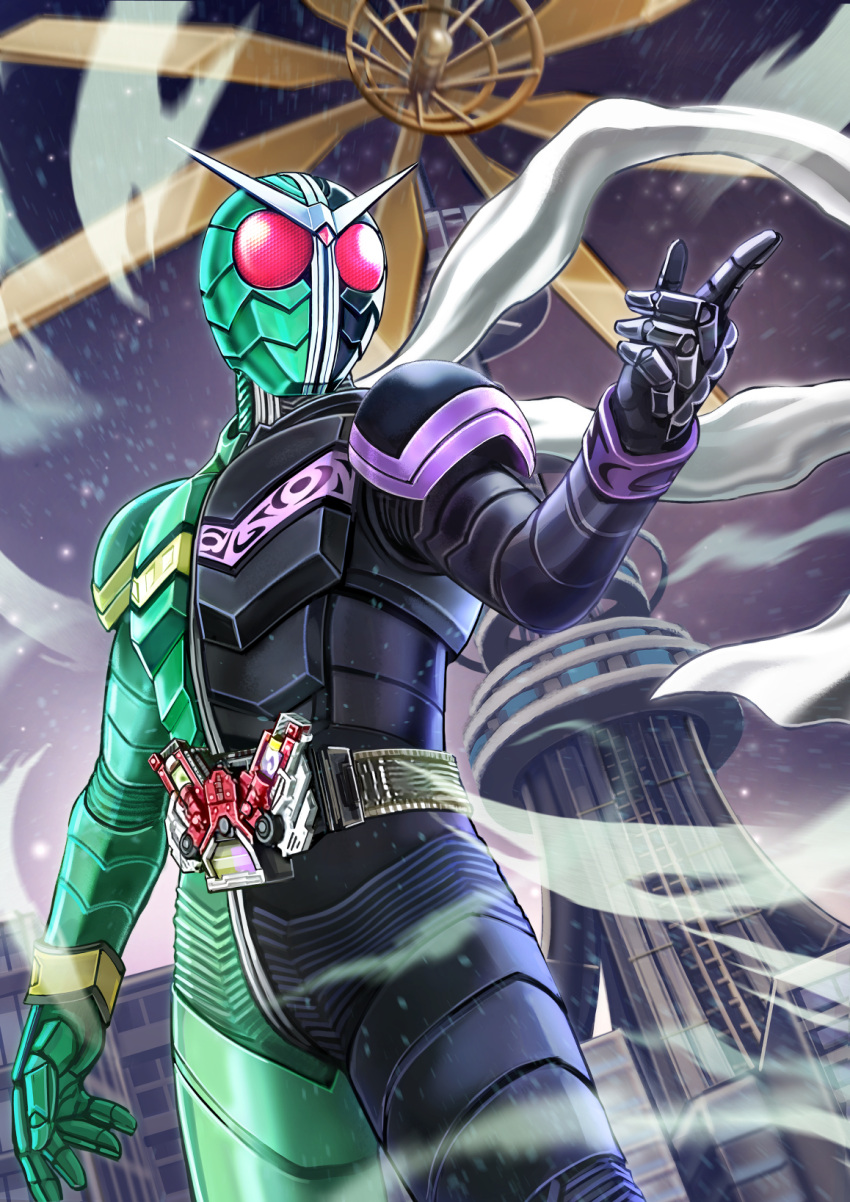 1boy building city double_driver highres kakato kamen_rider kamen_rider_double kamen_rider_w male_focus pointing rider_belt scarf solo tokusatsu tower wind wind_turbine