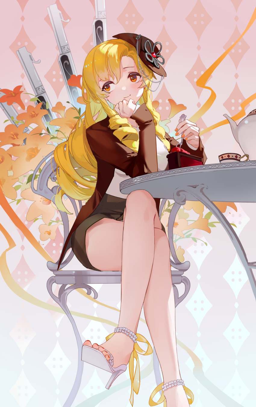 1girl absurdres acr_(ars4443) ankle_ribbon argyle argyle_background bangs blazer blonde_hair breasts brown_headwear brown_shorts cake cake_slice chain chair chocolate_cake clenched_hand closed_mouth crossed_legs cup curly_hair elbow_rest fingernails flower food foot_out_of_frame fork gem gradient gradient_background gun hair_down hat hat_flower head_tilt high-waist_shorts high_heels highres holding holding_fork jacket large_breasts leaf leg_ribbon legs long_hair long_legs looking_to_the_side magical_musket mahou_shoujo_madoka_magica on_chair orange_eyes orange_flower orange_nails pearl_anklet pink_background red_gemstone red_jacket ribbon rifle ringlets shirt shorts simple_background sitting solo swept_bangs table teacup teapot toenails tomoe_mami v-neck weapon white_background white_footwear white_shirt yellow_ribbon