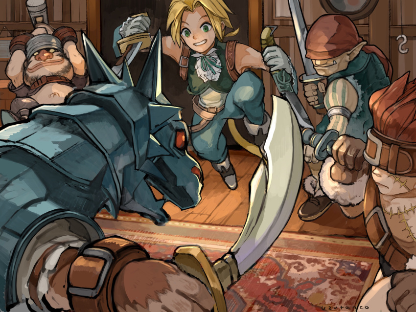 4boys bandit bare_shoulders belt blonde_hair brown_footwear brown_hair carpet character_request closed_mouth commentary covered_eyes dagger dual_wielding facial_hair fang fighting_stance final_fantasy final_fantasy_ix forehead full_body gloves green_eyes hammer helmet highres holding holding_hammer holding_sword holding_weapon indoors katana knife looking_at_another male_focus monkey_boy monkey_tail multiple_boys navel open_mouth pointy_ears red_eyes scar sleeveless smile sword tail teeth uzutanco weapon zidane_tribal