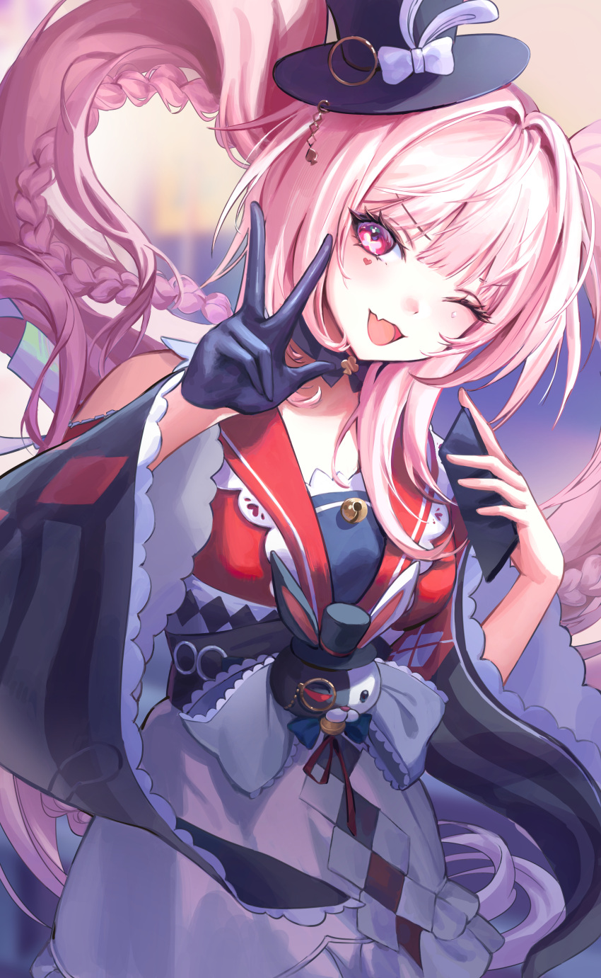 1girl absurdres black_hat bow braid butterfly-shaped_pupils cellphone clothing_cutout diamond_(shape) diamond_facial_mark diamond_on_cheek facial_mark fang gloves hat hat_ornament heart heart_facial_mark heart_on_cheek highres holding holding_phone honkai:_star_rail honkai_(series) long_hair looking_at_viewer lucyqer mark_under_both_eyes mini_hat mini_top_hat multicolored_hair one_eye_closed open_mouth phone pink_eyes plaid_clothes plaid_sleeves rabbit_ear_headwear rabbit_hat_ornament shoulder_cutout single_glove skin_fang smartphone smile solo sparkle_(honkai:_star_rail) sparxie_(honkai:_star_rail) symbol-shaped_pupils top_hat twintails v very_long_hair white_hair