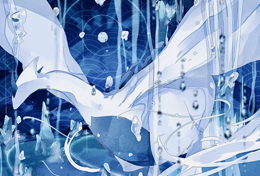 animal_focus blue_background blue_theme blurry blurry_foreground bubble commentary facing_away flying from_side highres ice lugia no_humans pokemon pokemon_(creature) solo tugu_pi water
