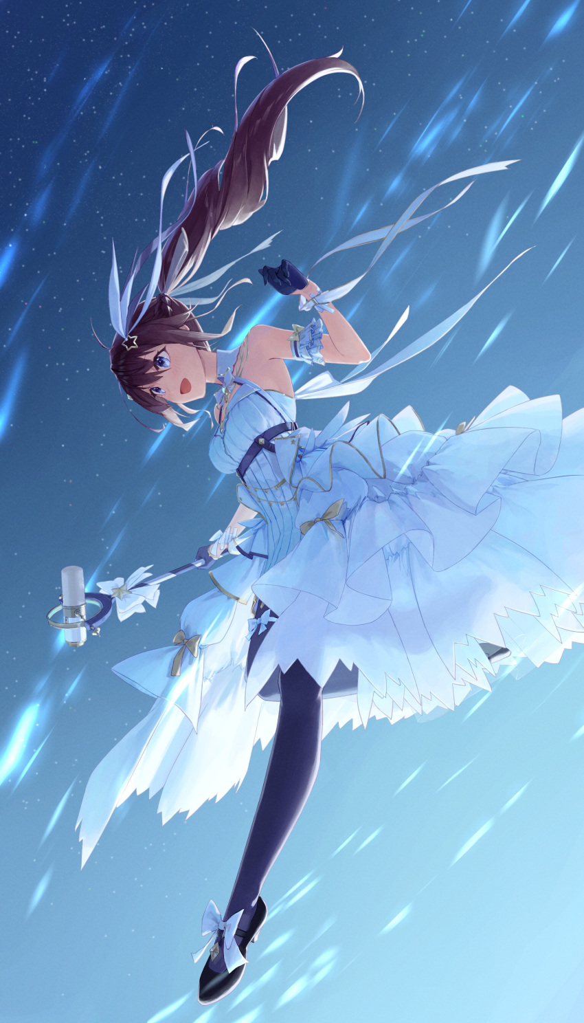 1girl :d absurdres arm_strap bangs black_footwear black_legwear blue_eyes blue_gloves blue_sky bow brown_hair dress floating_hair full_body gloves hair_between_eyes hair_ornament hair_ribbon highres holding holding_microphone_stand hololive layered_dress long_hair makimaki_makky7 microphone_stand open_mouth pantyhose ponytail ribbon sky sleeveless sleeveless_dress smile solo star_(sky) star_(symbol) star_hair_ornament starry_sky tokino_sora very_long_hair virtual_youtuber white_bow white_dress white_ribbon