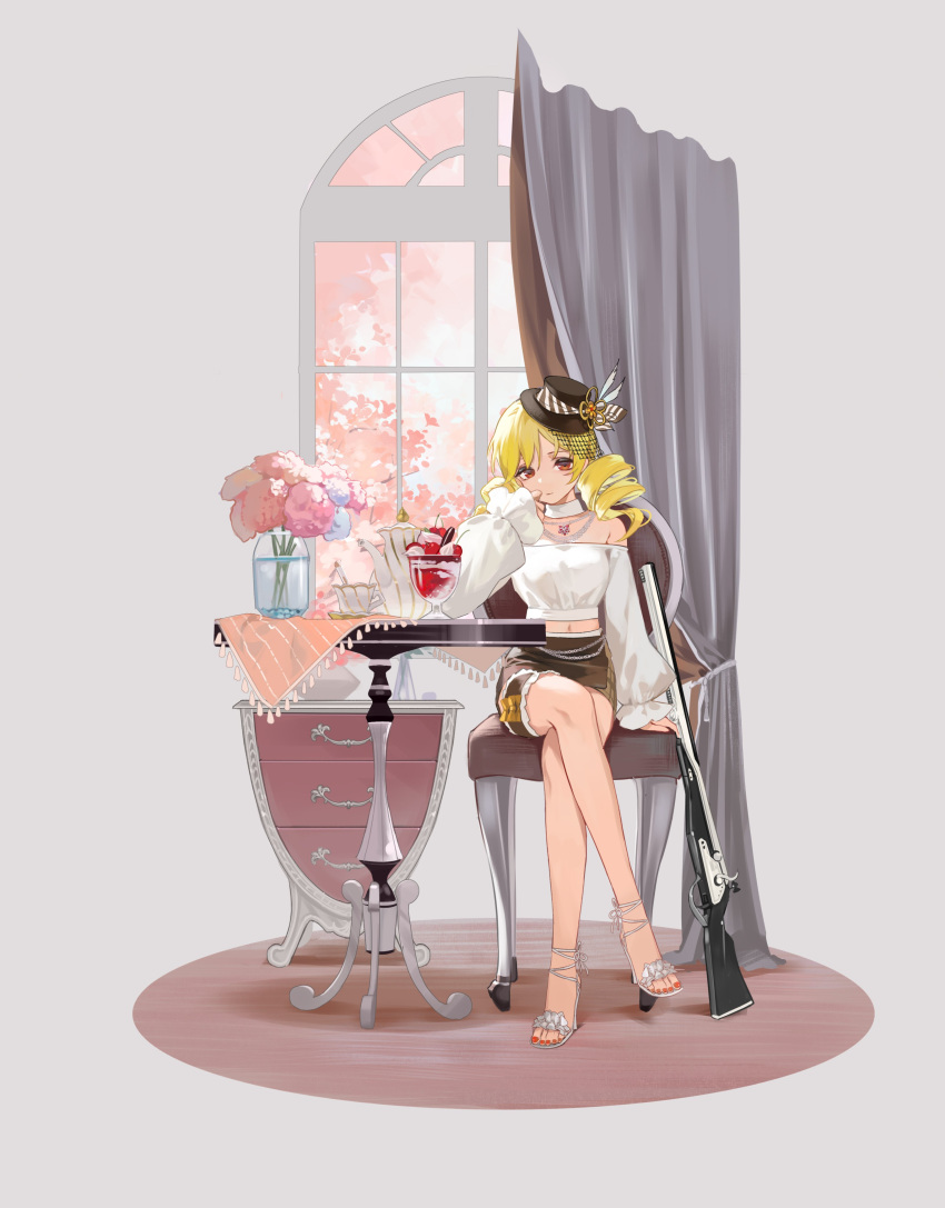1girl absurdres acr_(ars4443) ankle_ribbon arm_at_side bangs belly_chain black_choker black_headwear blonde_hair blue_flower bow branch breasts brown_skirt chain chair cherry cherry_blossoms choker crossed_legs cup curtains diagonal-striped_bow diagonal_stripes drill_hair elbow_rest flower food frilled_sleeves frills fruit grey_background gun hat hat_feather high_heels highres ice_cream jewelry large_breasts leg_ribbon legs long_legs long_sleeves looking_at_viewer mahou_shoujo_madoka_magica midriff_peek mini_hat mini_top_hat navel necklace nightstand off_shoulder on_chair orange_bow orange_eyes orange_flower pink_flower plaid plaid_skirt puffy_long_sleeves puffy_sleeves purple_flower red_nails ribbon rifle saucer side_slit simple_background sitting skirt smile solo soul_gem striped swept_bangs table tablecloth tassel teacup teapot toenails tomoe_mami top_hat tree twin_drills vase water weapon whipped_cream white_footwear white_ribbon window