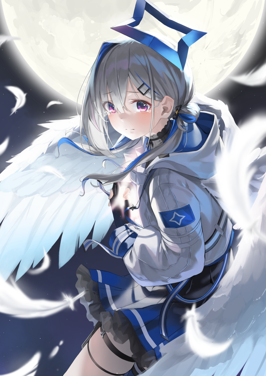 1girl absurdres amane_kanata bangs black_gloves blue_hair blue_skirt blurry blurry_foreground closed_mouth commentary feathered_wings feathers flying frilled_skirt frills gloves grey_hair hair_ornament hairclip highres hololive hood hood_down jacket kimyo long_hair long_sleeves looking_at_viewer moon multicolored_hair own_hands_together partially_fingerless_gloves skirt sky solo star_(sky) star_(symbol) star_hair_ornament starry_sky streaked_hair tearing_up thigh_strap violet_eyes virtual_youtuber white_feathers white_jacket wings