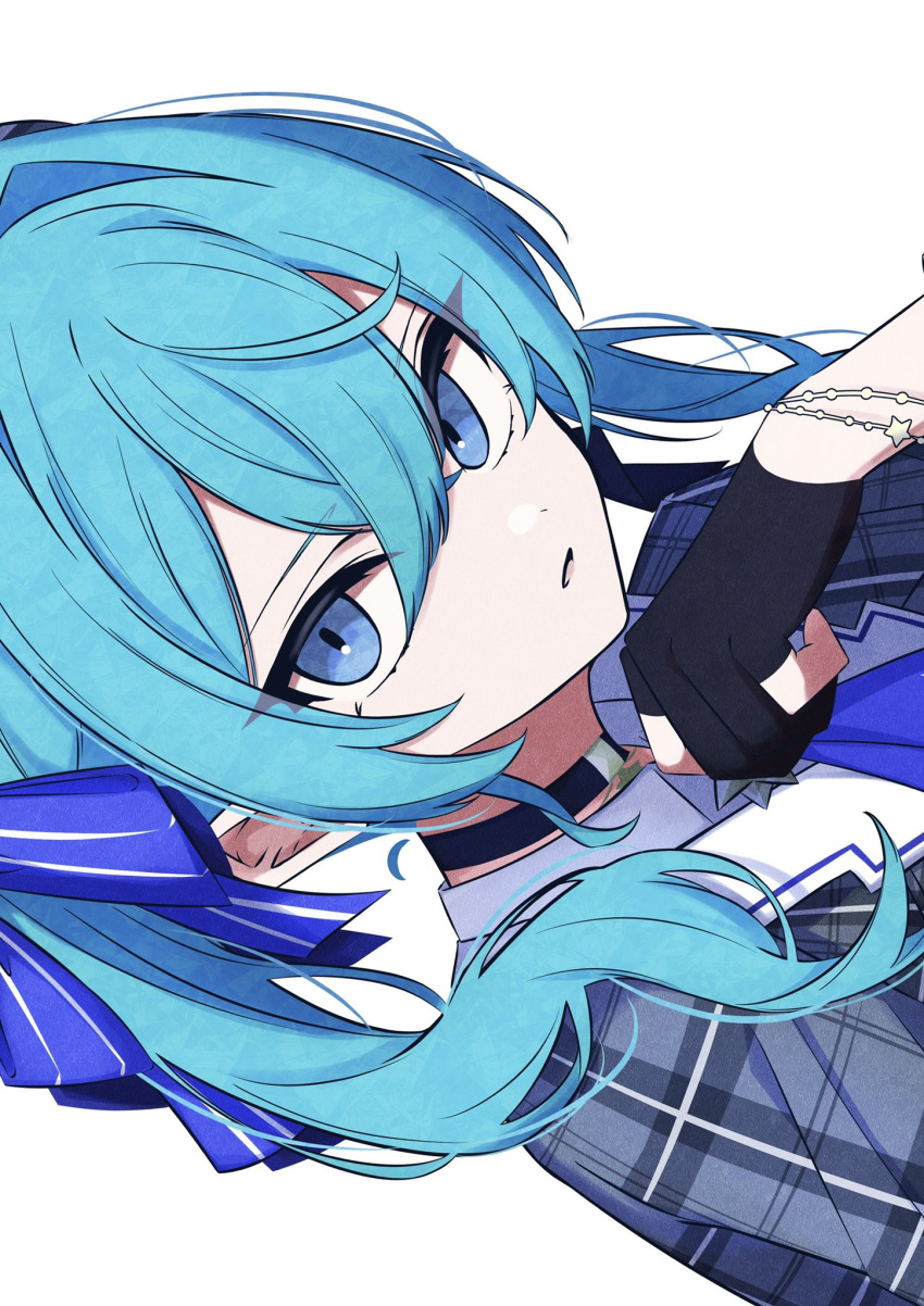 1girl bangs black_gloves blue_eyes blue_hair bracelet exif_rotation gloves hair_between_eyes hair_ribbon highres hololive hoshimachi_suisei jewelry long_hair looking_at_viewer nanashnojo open_mouth partially_fingerless_gloves plaid ribbon simple_background solo star_(symbol) upper_body virtual_youtuber white_background