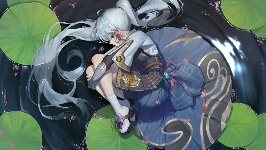 1girl absurdres afloat armguards armor bangs blunt_bangs breastplate commentary_request flower full_body genshin_impact grey_eyes grey_hair hair_ornament hair_ribbon highres hugging_own_legs japanese_clothes kamisato_ayaka knees_to_chest long_hair looking_away lotus lying monky on_side ponytail ribbon short_sleeves sidelocks solo tress_ribbon vision_(genshin_impact)