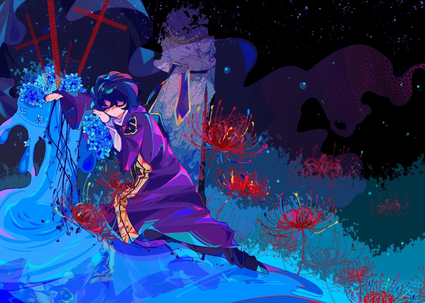 2boys black_pants blue_flower blue_hair chinese_commentary closed_eyes closed_mouth commentary_request cross disintegration flower hood hood_down hooded_robe ice jidianzhonglingqiuninle long_sleeves male_focus multiple_boys pants purple_robe red_flower red_pants saibou_shinkyoku shirt short_hair spider_lily spoilers stole utsugi_noriyuki white_shirt