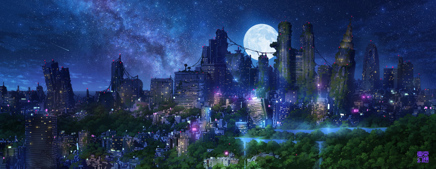 absurdres artist_name black_sky building commentary_request full_moon highres horizon meteor moon night night_sky no_humans original overgrown post-apocalypse real_world_location ruins scenery sky skyscraper star_(sky) starry_sky tokyogenso water waterfall