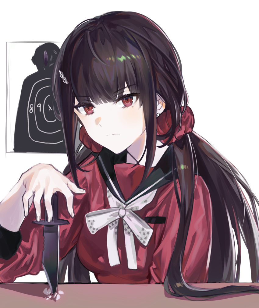 1girl bangs black_sailor_collar bow bowtie breasts closed_mouth danganronpa_(series) danganronpa_v3:_killing_harmony grey_background grey_bow grey_bowtie hair_ornament hair_scrunchie hairclip harukawa_maki highres long_hair low_twintails medium_breasts mole mole_under_eye red_eyes red_scrunchie red_shirt sailor_collar scrunchie shiny shiny_hair shirt simple_background solo sp0i0ppp twintails upper_body