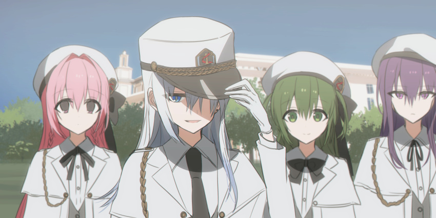 4girls :d arm_up bangs beret black_bow black_necktie black_ribbon blue_eyes blue_sky bow braid chihuri closed_mouth collared_shirt day dress_shirt gloves green_eyes green_hair grey_hair grey_vest hair_between_eyes hand_on_headwear hat highres jacket long_hair long_sleeves looking_at_viewer multiple_girls neck_ribbon necktie open_clothes open_jacket original outdoors peaked_cap pink_hair purple_hair ribbon shirt sky smile twin_braids two_side_up upper_body very_long_hair vest violet_eyes white_gloves white_headwear white_jacket white_shirt