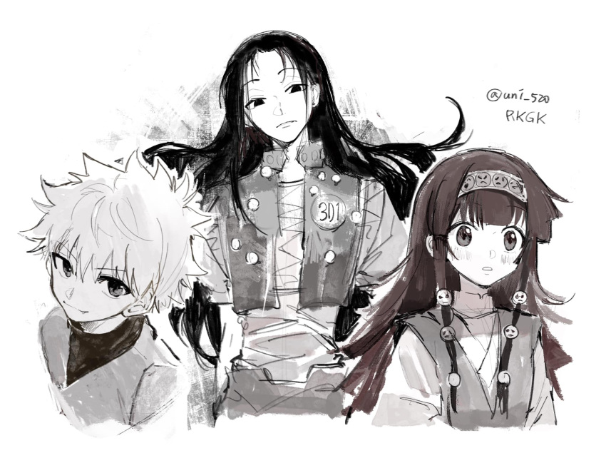 1girl 2boys blush brown_hair character_request closed_mouth dango_(uni_520) ears_visible_through_hair fang fang_out frown hair_between_eyes hairband half-closed_eyes highres hunter_x_hunter killua_zoldyck long_hair looking_at_viewer messy_hair multiple_boys parted_lips sketch smile spot_color twitter_username wide-eyed