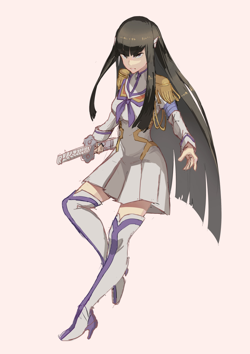 1girl absurdres black_hair boots brown_bag closed_mouth grey_footwear high_heel_boots high_heels highres holding holding_sheath holding_weapon junketsu katana kill_la_kill kiryuuin_satsuki long_hair looking_at_viewer pink_lips scabbard sheath sheathed simple_background sketch solo sword thigh_boots turtleneck urewe_fubu violet_eyes weapon