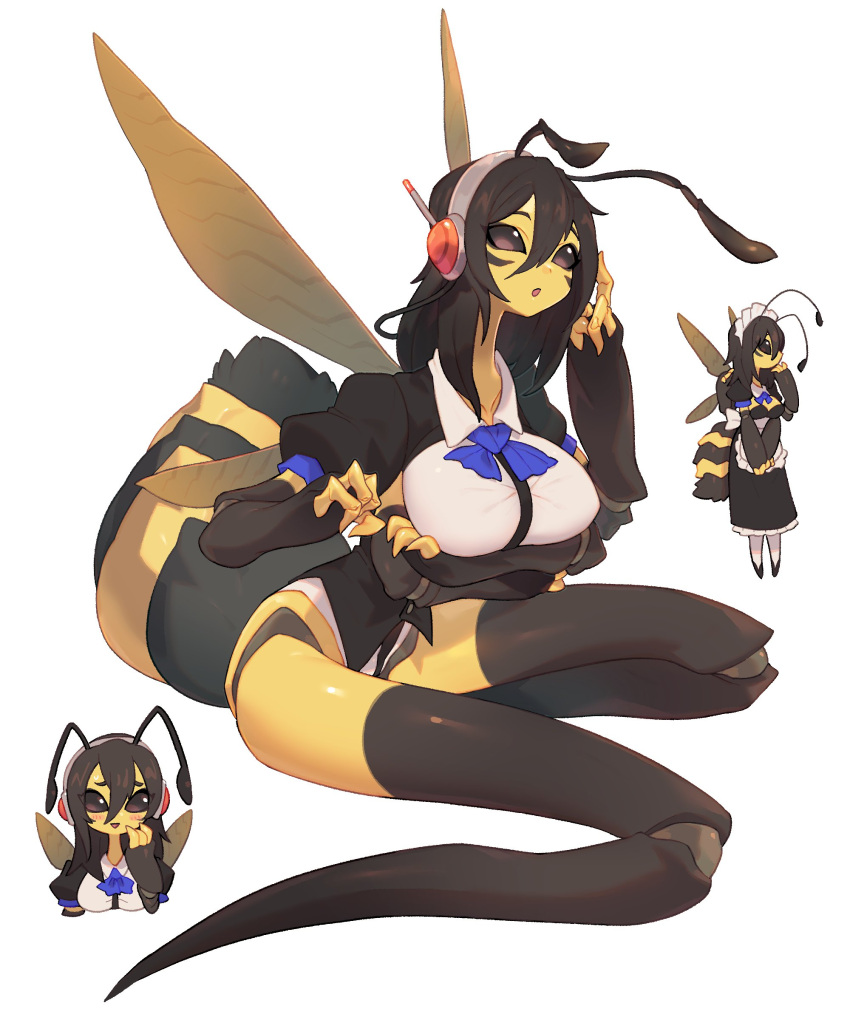 1girl :o absurdres antennae arms_under_breasts arthropod_girl bee_girl black_eyes black_hair black_skin blue_necktie breasts chibi chibi_inset collared_shirt colored_skin commission crossed_arms extra_arms facial_mark full_body hair_between_eyes headphones headset highres insect_wings inu_fuji large_breasts medium_hair monster_girl necktie no_feet no_pupils open_mouth original puffy_short_sleeves puffy_sleeves shirt short_sleeves skeb_commission white_background wings yellow_skin