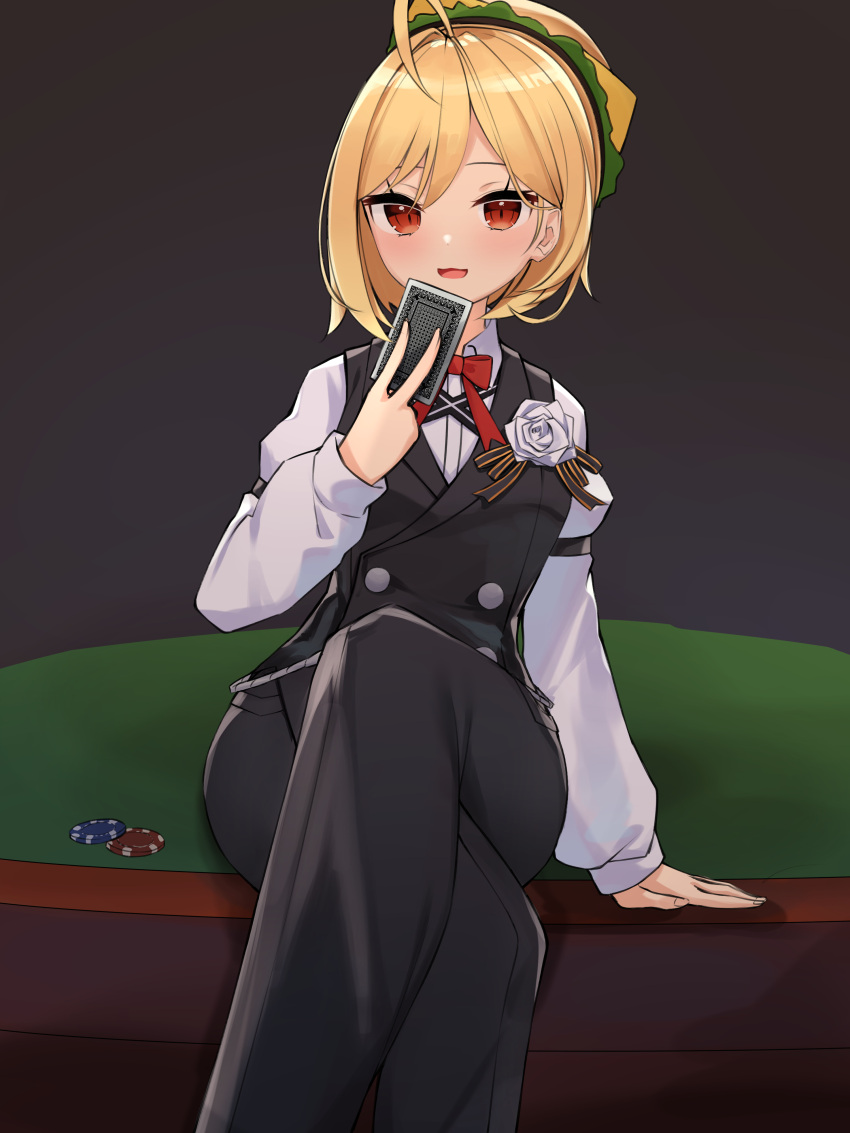 1girl absurdres ahoge black_pants black_vest blonde_hair bow bowtie buttons card collared_shirt crossed_legs double-breasted hamburger_hat hat highres jingburger long_sleeves open_mouth pants playing_card poker_chip red_eyes shirt short_hair sitting smile solo vest virtual_youtuber waktaverse white_shirt ziro_(zirorong)