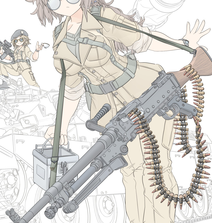 2girls ammunition_belt belt belt_feed beret bipod blonde_hair breasts brown_hair brown_shirt bullpup caterpillar_tracks cup fn_mag glasses ground_vehicle gun hat highres khakis large_breasts machine_gun mikeran_(mikelan) military military_vehicle motor_vehicle multiple_girls original shirt small_breasts sunglasses tank teacup unfinished vehicle_request watch watch weapon weapon_request