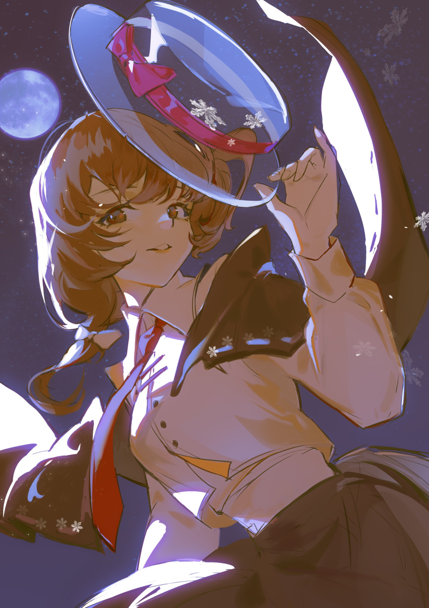 1girl absurdres black_capelet black_skirt bow brown_eyes brown_hair buttons capelet chinese_commentary collared_shirt commentary cowboy_shot eyebrows_behind_hair fedora full_moon hair_bow hand_up hat hat_bow highres holding holding_clothes holding_hat long_sleeves looking_at_viewer medium_hair moon necktie parted_lips red_bow red_necktie ribbon-trimmed_capelet shirt single_sidelock skirt snowflakes solo star_(sky) touhou transparent_headwear usami_renko white_bow white_shirt yipei