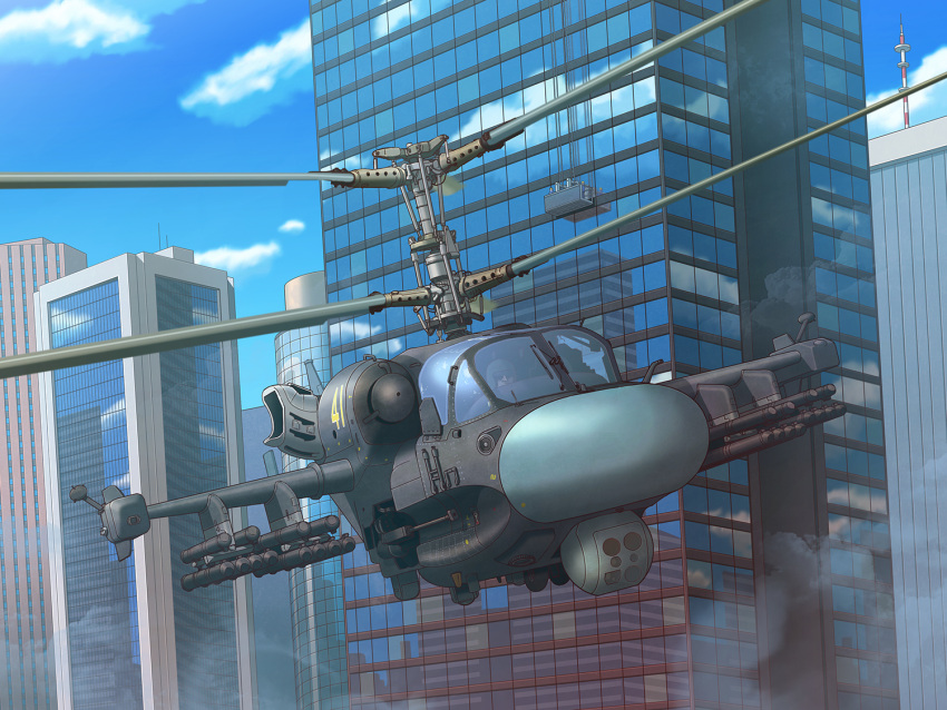 1boy aircraft building city clouds commentary_request commission covered_face earasensha flying gun helicopter helmet holding holding_weapon ka-52 military military_vehicle missile original propeller reflection scenery skeb_commission sky skyscraper vehicle_focus weapon