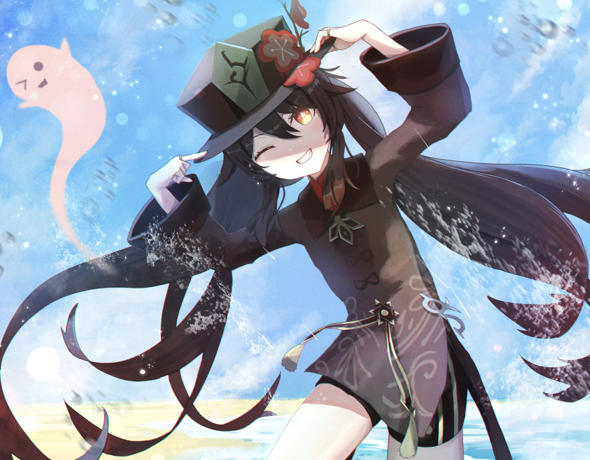 1girl ;d absurdres adjusting_clothes adjusting_headwear bangs beach black_shorts blue_sky chinese_clothes clouds cloudy_sky commentary_request flower genshin_impact ghost grin hair_between_eyes hat hat_flower hat_ornament head_tilt hidulume highres horizon hu_tao_(genshin_impact) leaning_forward long_hair long_sleeves looking_at_viewer ocean one_eye_closed pointing pointing_at_self pose short_shorts shorts sidelocks sky smile standing standing_on_one_leg symbol-shaped_pupils twintails