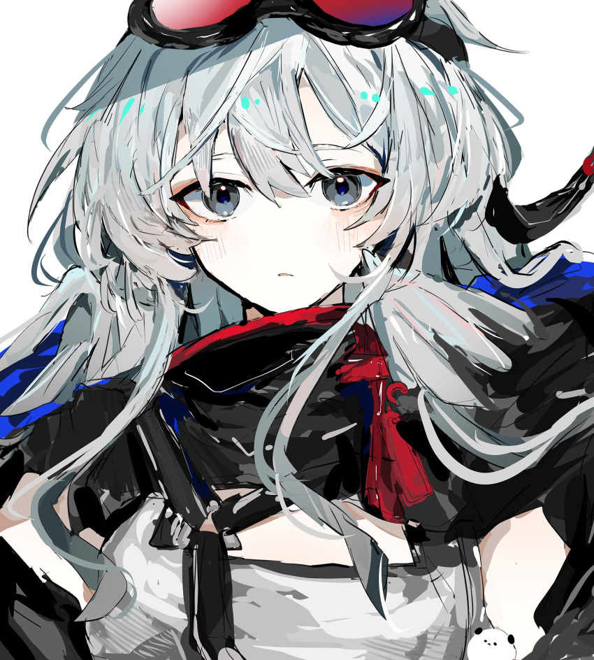 1girl arknights black_scarf feather_hair grey_eyes grey_hair grey_shirt hair_between_eyes highres light_blush long_hair looking_at_viewer mulberry_(arknights) parted_lips scarf shiosan shirt sidelocks simple_background sketch solo upper_body white_background